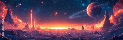 Cosmic Frame Futuristic Space Landscape with Planetary Rings and Glowing UFOs