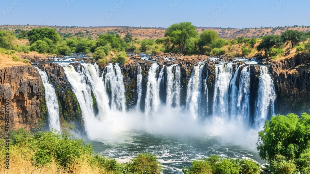 Majestic waterfall cascading over dark rocks into a pool, lush greenery surrounds Majestic waterfall cascading over dark rocks into a pool, lush greenery surrounds