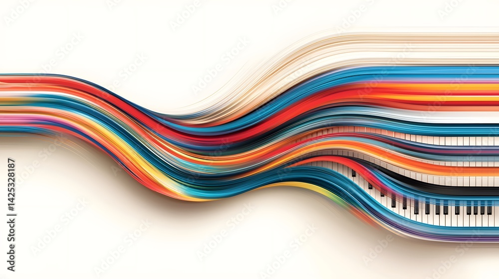 Obraz premium Colorful Waves of Music Notes and Piano Keys in Abstract Artistic Design