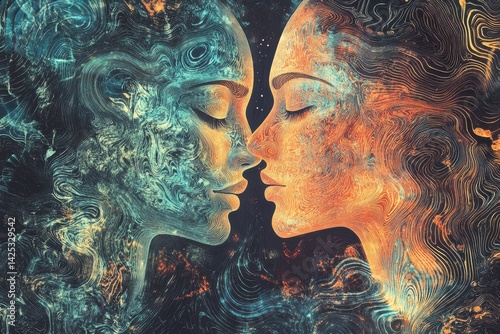 Abstract spiritual energy flows between two soulmates, portrayed in a generative AI-created drawing of unity7