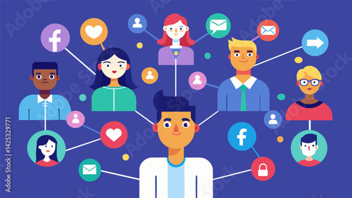 A sea of social media profiles each one connected by a string to a larger figure symbolizing tech corporations and their influence on society..