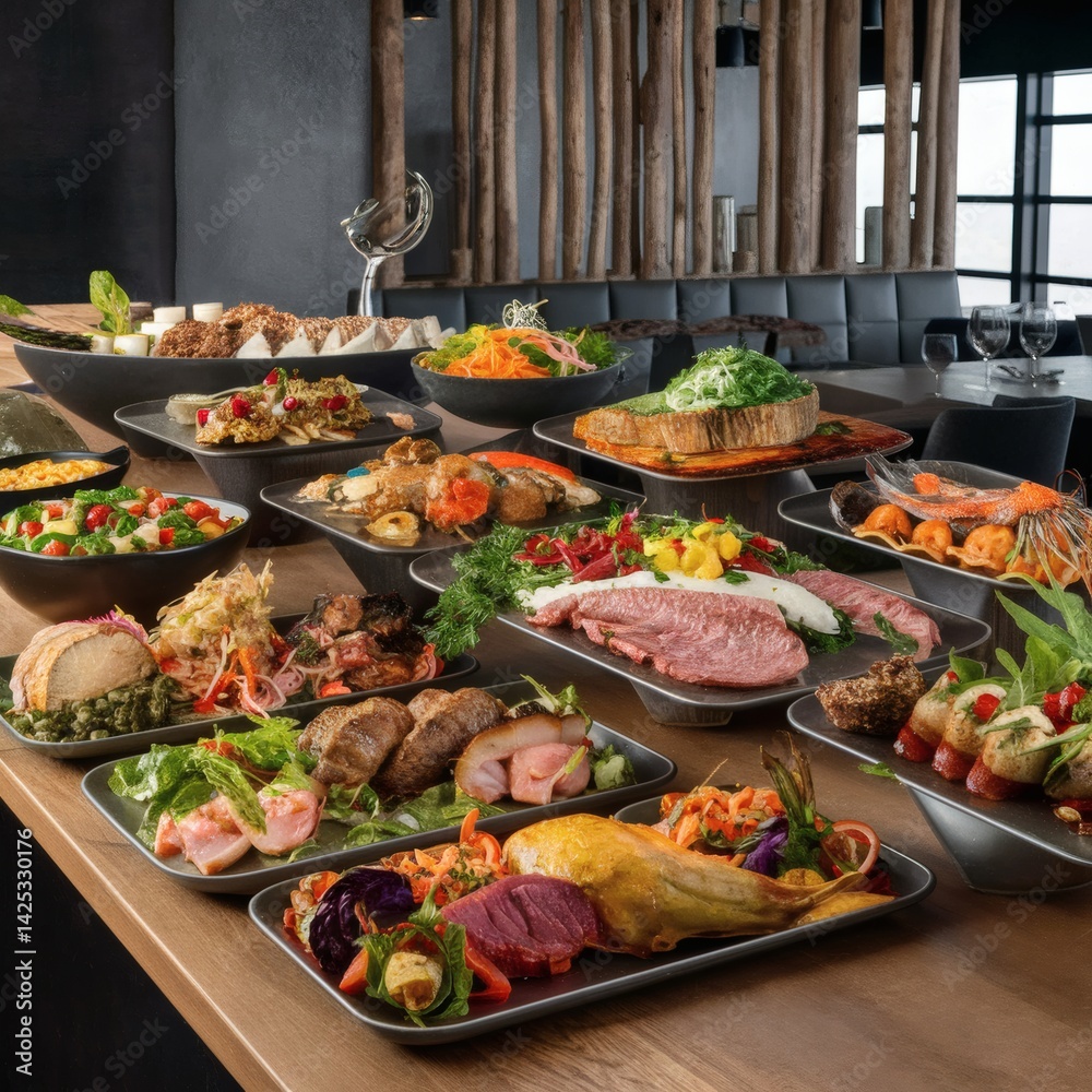 Fototapeta premium A creative overhead view of a contemporary buffet spread in a sustainable restaurant, with locally sourced dishes and minimal waste presentation.
