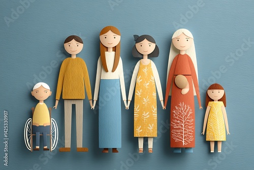 Embracing diversity with an artistic poster of inclusivity featuring paper dolls of diverse families, including a wheelchair user and a pregnant individual, ideal for empowering sports interiors.