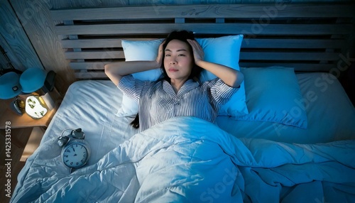 ベッドで眠れず苦しそうな表情の女性