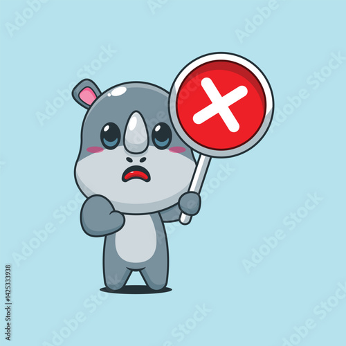 Cute rhino cartoon vector illustration with wrong sign