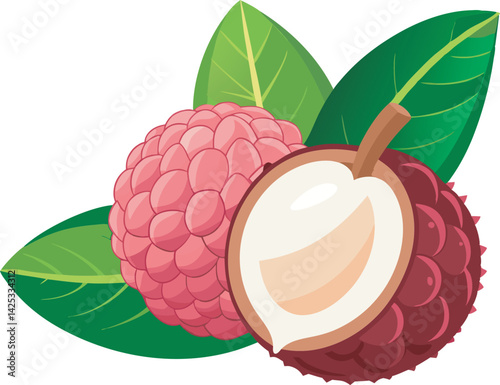 A vibrant vector art illustration showcasing beautiful, ripe lychee fruits with lush leaves, perfect for tropical-themed designs and digital artwork.