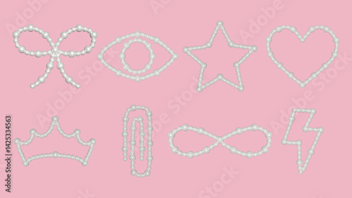 Set of 3d pearl icons. Design elements in coquette style. Vector illustration