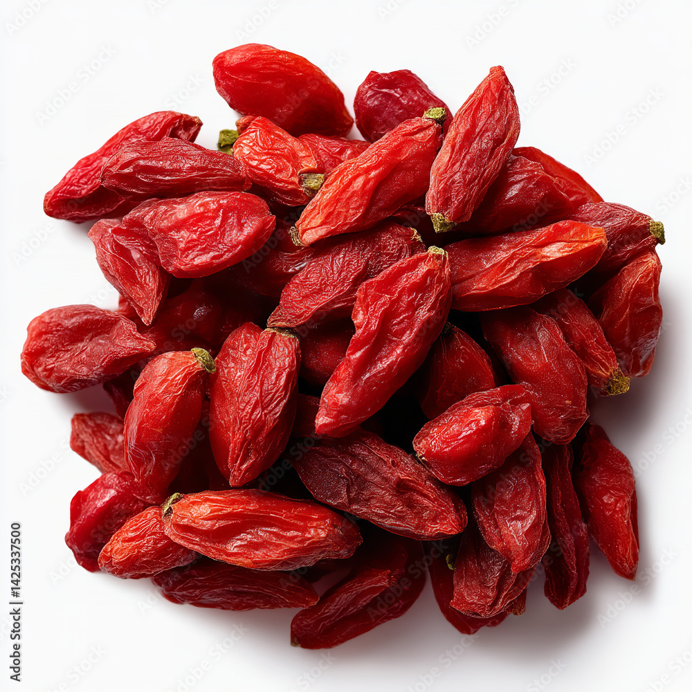 Dried goji berries with vibrant red color and wrinkled texture nutrient-rich superfood isolated on transparent background. isolated white background Dried goji berries with vibrant red color and wrinkled texture nutrient-rich superfood isolated on transparent background. isolated white background