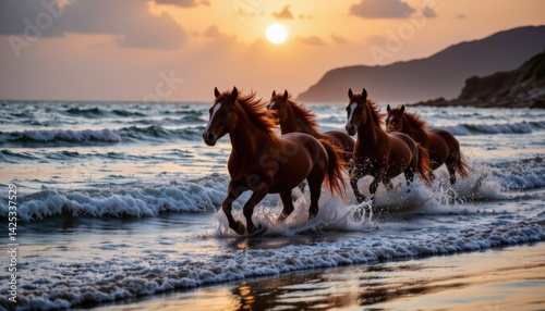 Group of wild horses galloping through shallow ocean water during golden sunset dynamic movement,  beach scene