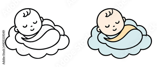 Cute sleeping baby on cloud vector illustration, newborn infant character in swaddle blanket, 2 line art and color icons for nursery decor, peaceful child dreaming on fluffy cloud eps graphic
