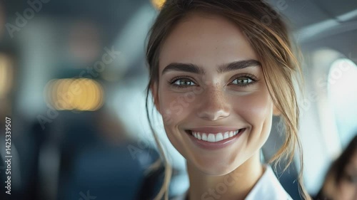 Smiling Air Hostess : A portrait of a beaming air hostess with a genuine smile, reflecting warmth and approachability. Her eyes twinkle with a friendly and inviting charm.