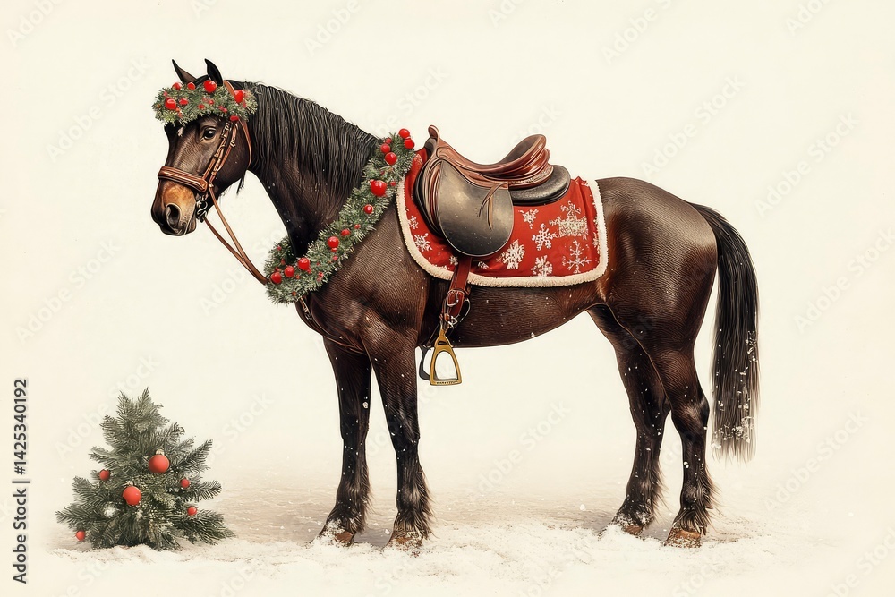 Christmas-themed postcard featuring a horse in festive tack, a modern saddle, and riding equipment. Christmas-themed postcard featuring a horse in festive tack, a modern saddle, and riding equipment.