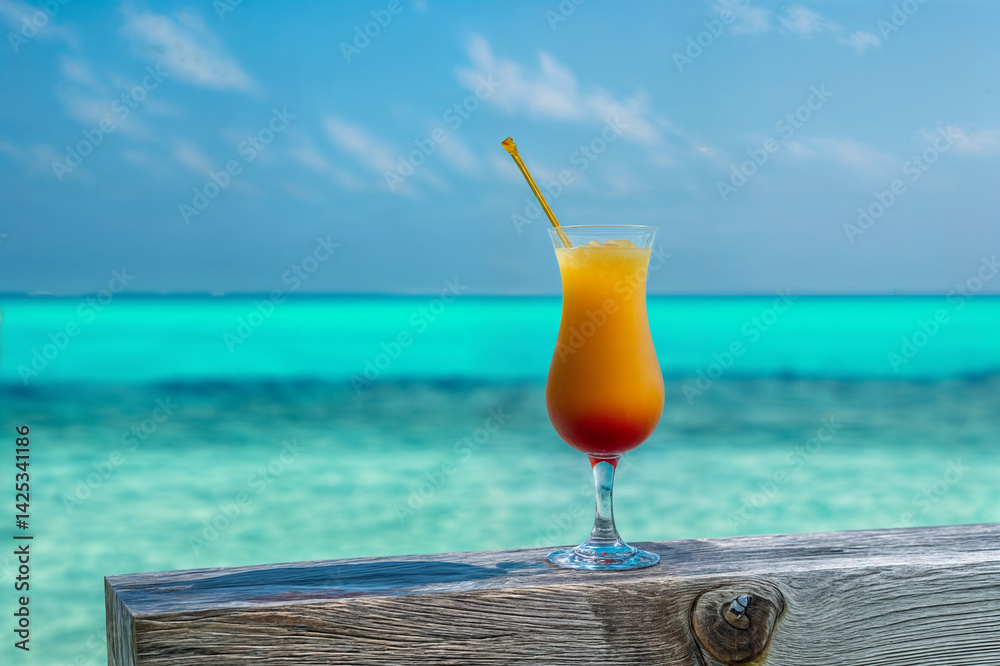 A vibrant orange cocktail with a straw is placed on a wooden railing overlooking a beautiful turquoise ocean under a clear blue sky