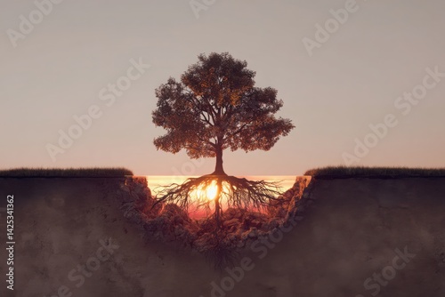 A sunrise behind a tree with visible root system exposed, half-above half-below earth, stylized cutaway composition