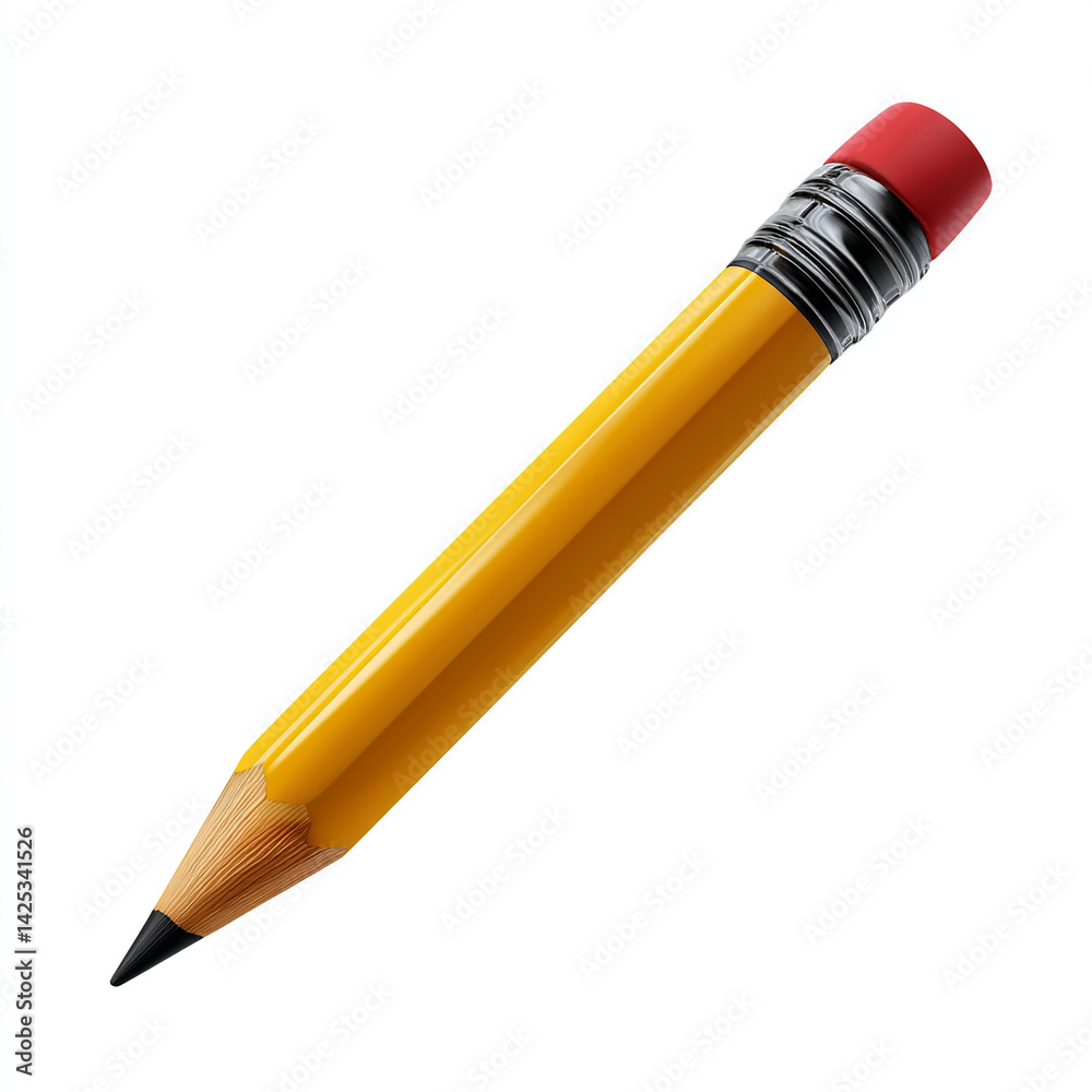Classic yellow wooden pencil with sharpened graphite tip and red eraser in realistic style isolated on transparent background. isolated white background Classic yellow wooden pencil with sharpened graphite tip and red eraser in realistic style isolated on transparent background. isolated white background