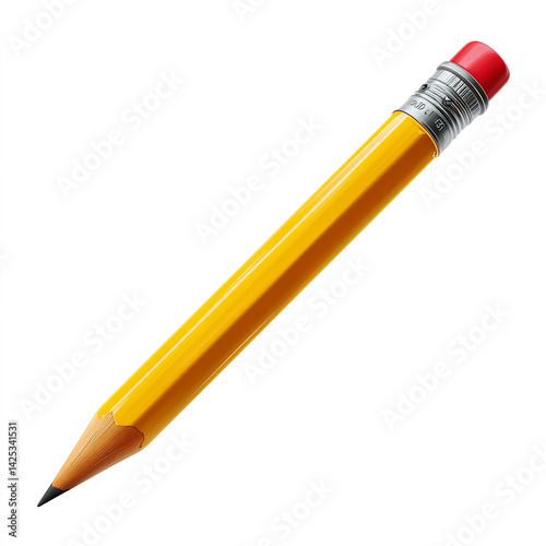 Classic yellow wooden pencil with sharpened graphite tip and red eraser in realistic style isolated on transparent background. isolated white background