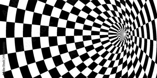 Abstract Black and White Optical Illusion Surrealism Tunnel Portal Pattern. Contrasty Optical Art Gravity Vortex. Smooth Checkered Tunnel and Chessboard in Perspective. Vector Illustration.
