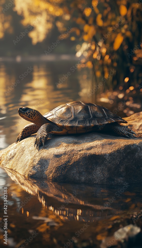 Fototapeta premium A pelusios freshwater turtle basking on a rock by the riverbank in a natural african habitat
