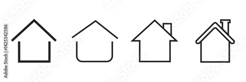Web home icon set for websites and apps. Simple house symbol. Flat real estate sign. Main page pictogram in filled, thin line, outline and stroke style. Isolated illustration