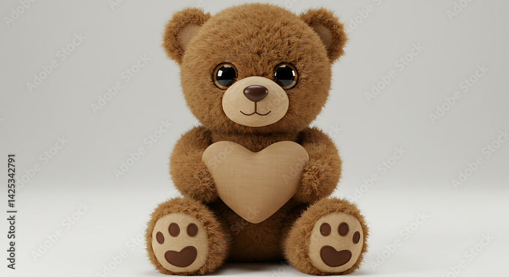 Obraz premium A sweet, fluffy brown teddy bear sits upright, lovingly holding a soft beige heart.