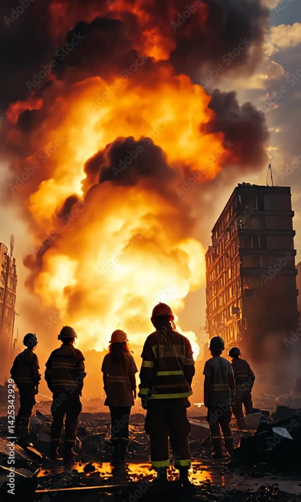 Firefighters watch a large explosion erupt among destroyed city ...