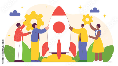 Business Startup Concept. Vector cartoon illustration of a group of diverse people in business suits assembling a rocket for launch. Isolated on background. (2)