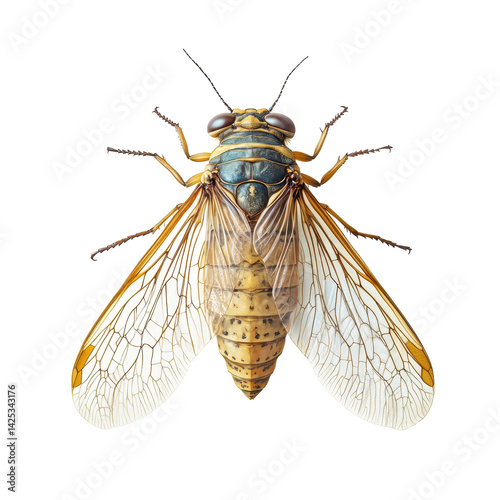 Close-up view of a cicada revealing intricate wing patterns and body details during summer
