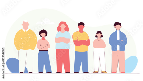 COVID-19 Vaccinated Family. Vector cartoon illustration of a group of different ages people adults, the elderly, and children with an adhesive plaster on their shoulder after vaccination.