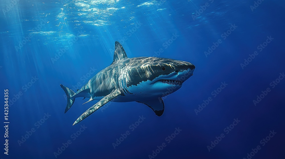 Naklejka premium Sleek megalodon glides through deep waters, contrasting with a bulky silhouette in the background, embodying elegance and power.