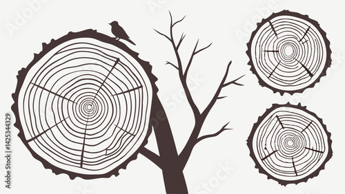 Cross sections of tree rings. Collection of tree stumps isolated. Slices of tree with growth rings, slabs of tree trunk. Natural cut wood. Ring pattern, wood texture. Vector design background elements