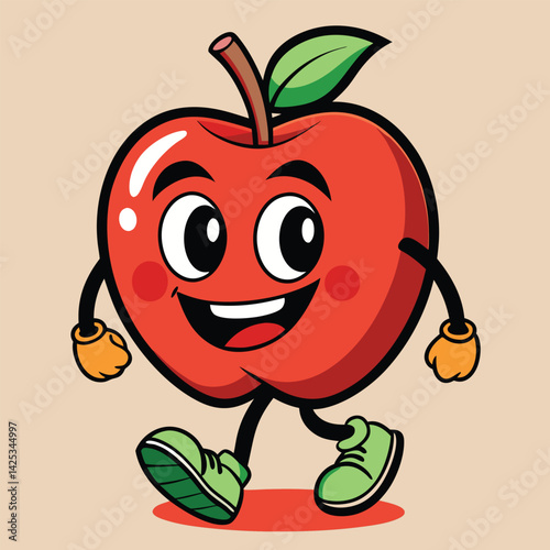 Groovy apple mascot. Funky retro character. cartoon apple, smiling, walking. Funny vintage trendy style character. Doodle Comic collection 