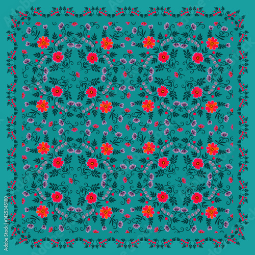 Intricate floral print for a square shawl or rug. Flowers, branches, leaves and berries on an emerald background. Ornamental frame.