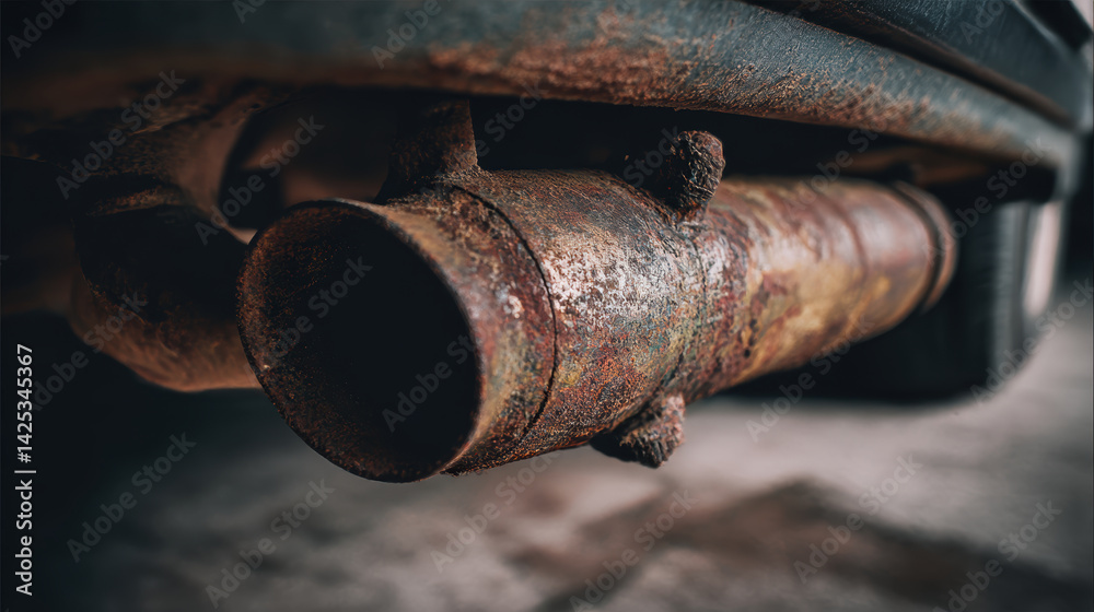 Rusty exhaust pipe with weathered appearance, showcasing effects of time and exposure. image evokes sense of neglect and decay Rusty exhaust pipe with weathered appearance, showcasing effects of time and exposure. image evokes sense of neglect and decay