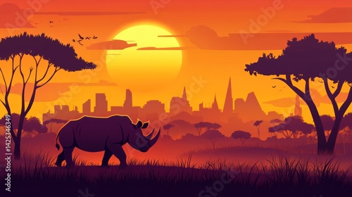 Rhinoceros walking in savanna at sunset, city in background, nature scene