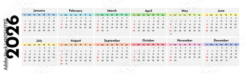 Calendar for 2026 isolated on a white background