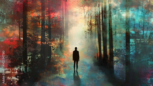 Path of Contemplation: A solitary figure stands at the crossroads, embracing introspection amidst a vibrant spectrum of colors and the ethereal beauty of a forest path.