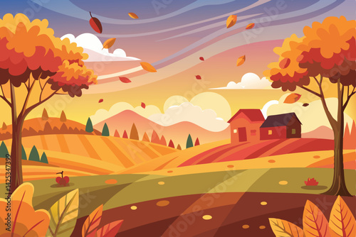 Autumn Scenery with Trees, Leaves Falling, and a Distant House at Sunset Landscape