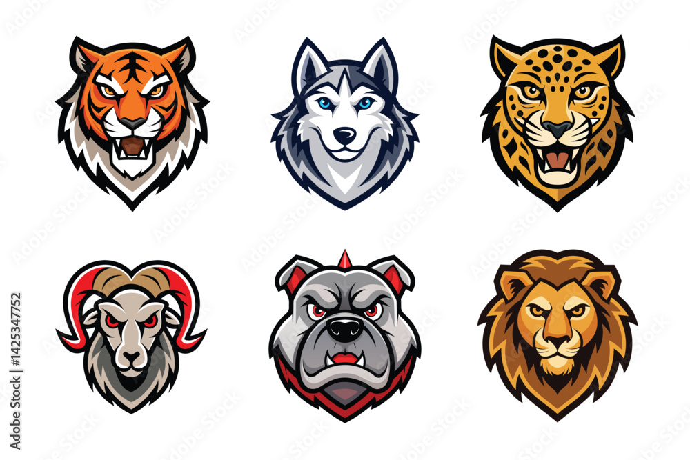 Obraz premium Cartoon Animal Head Logos Tiger, Husky, Leopard, Ram, Bulldog, Lion on White