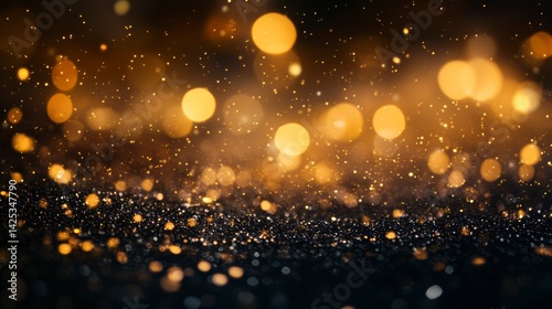 Sparkling golden glitter and bokeh lights on dark background.