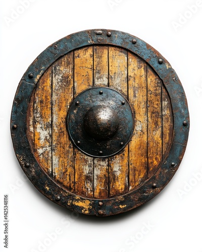 This vintage shield evokes a sense of history and protection. Crafted from wood and metal, it symbolizes strength and valor. Perfect for themed decor. Generative AI