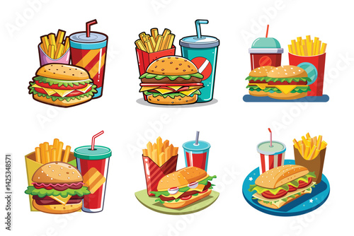 Colorful Cartoon Styled Fast Food Set; Burgers, Fries, Drink On Transparent