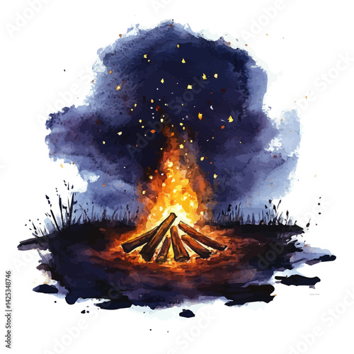 Campfire sparks rising under the stars, watercolor illustration, isolated on a white background.

