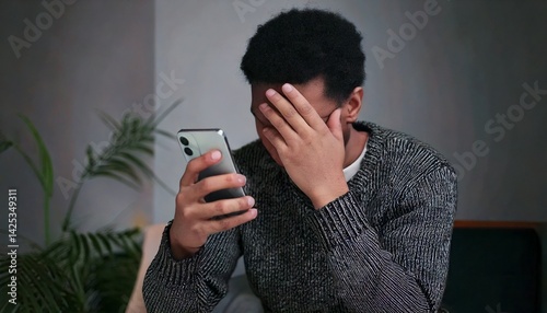 スマホを見て顔を覆って悩む男性