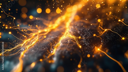 Flux électrique intense traversant une puce microélectronique avec arcs lumineux et texture de silicium visible