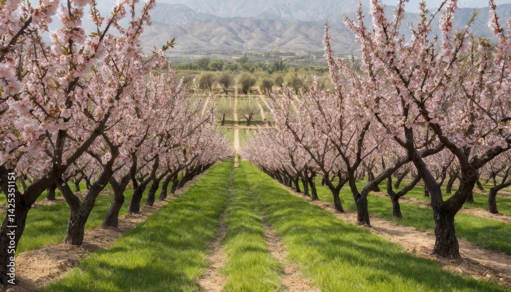 Blossom Trees Line Scenic Path in Blooming Orchard with Mountains in Background Under Clear Blue Sky Blossom Trees Line Scenic Path in Blooming Orchard with Mountains in Background Under Clear Blue Sky