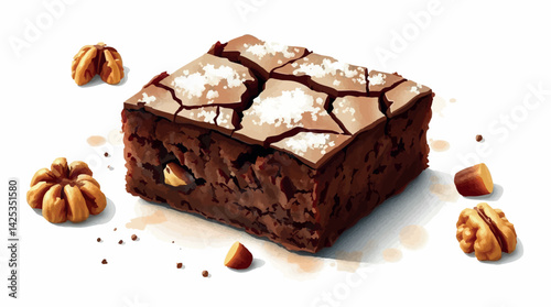 Brownie watercolor vector. Rich chocolate dessert with nuts and powdered sugar detail.