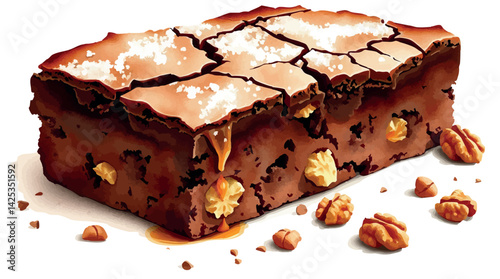 Brownie watercolor vector. Rich chocolate dessert with nuts and powdered sugar detail.