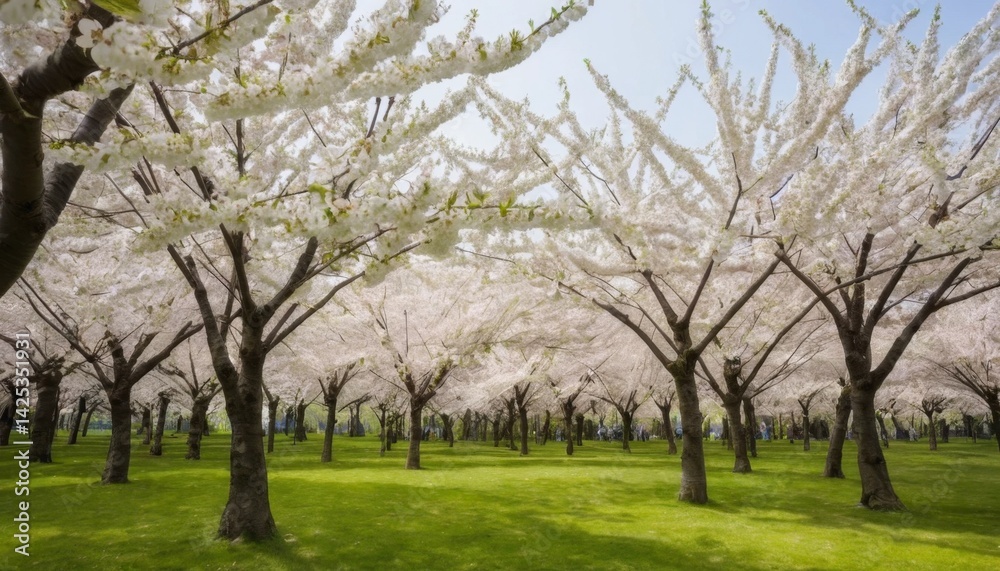 Beautiful Cherry Blossom Trees in Full Bloom with Lush Green Grass Under Clear Blue Sky in a Park Setting Beautiful Cherry Blossom Trees in Full Bloom with Lush Green Grass Under Clear Blue Sky in a Park Setting