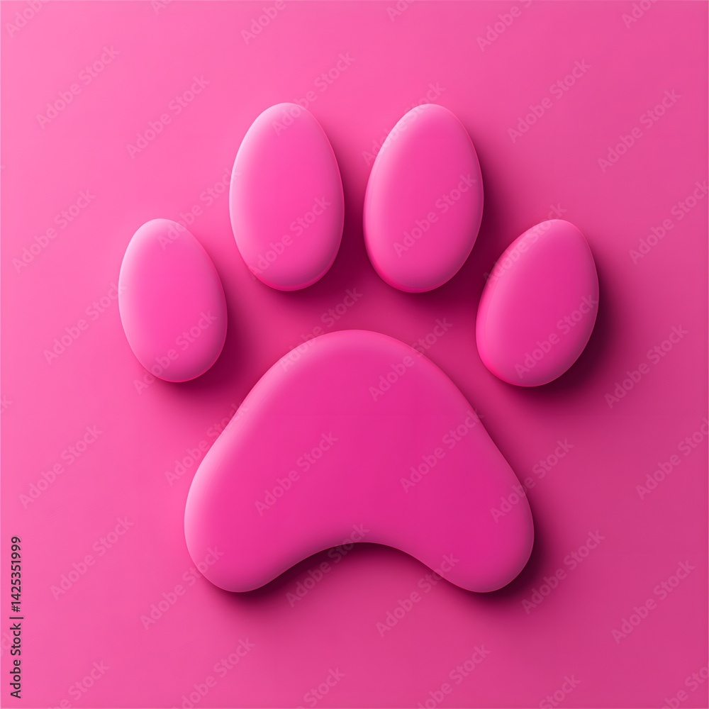 Fototapeta premium Paw Print Icon: A vibrant, pink paw print icon, standing out against a matching pink background, embodying the essence of pet care, pet love, and animal-friendly themes. 