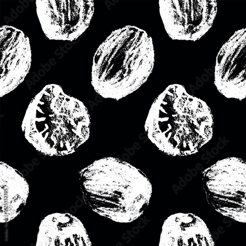 Charcoal hand drawn nutmeg pattern. Vector seamless design for packaging, textile, labels and spice branding.